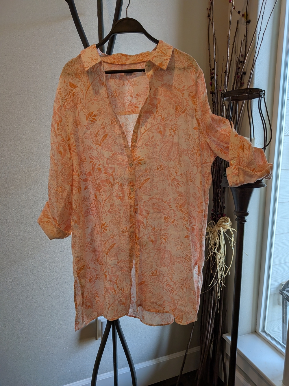 Sigrid Olsen Peach Floral Linen Button-Down Tunic Shirt